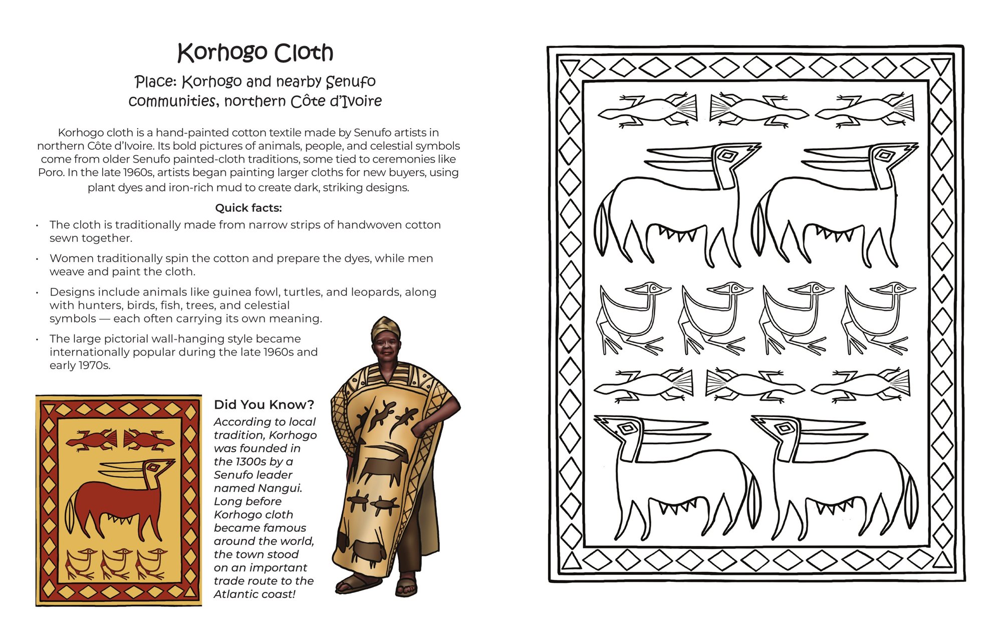 Sample spread showing Korhogo Cloth with a learn page and coloring page